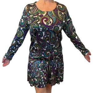 Vintage Mod Paisley Knit Dress 💜 Purple, Green, Turquoise ✨Retro Fab